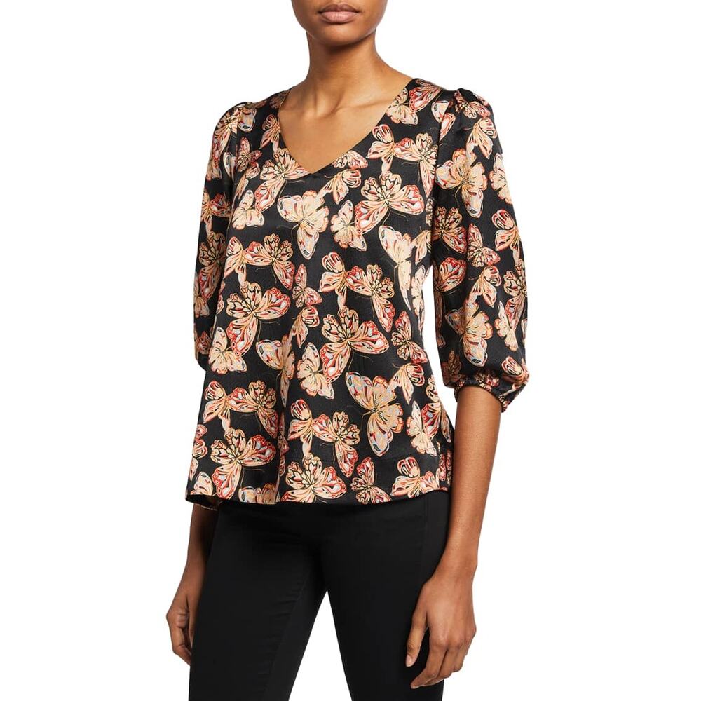 JOHNNY WAS Silk Akil Butterfly Print Top Womens XS Black V Neck 3/4 Puff Sleeve